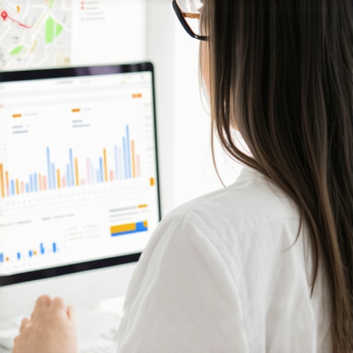 Analyzing Local Map Data for Optimization Digital marketing professional reviewing map ranking analytics on a computer