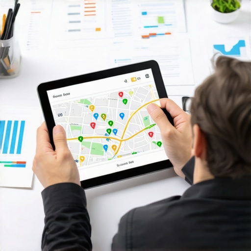 Analyzing Local Map Rankings with SEO Tools Person reviewing local map SEO performance on a tablet with charts and tools