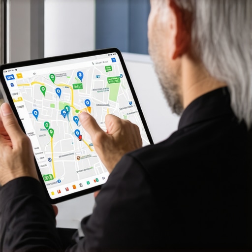 Expert Analyzing Map Data Professional analyzing Google Maps and local business data on a tablet.
