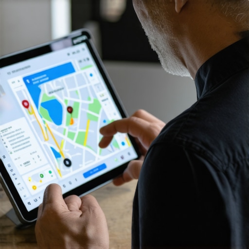 Business owner optimizing local maps on a tablet for SEO.