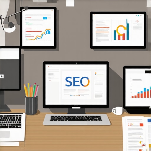 Workspace with SEO analytics tools and laptops for local business optimization.