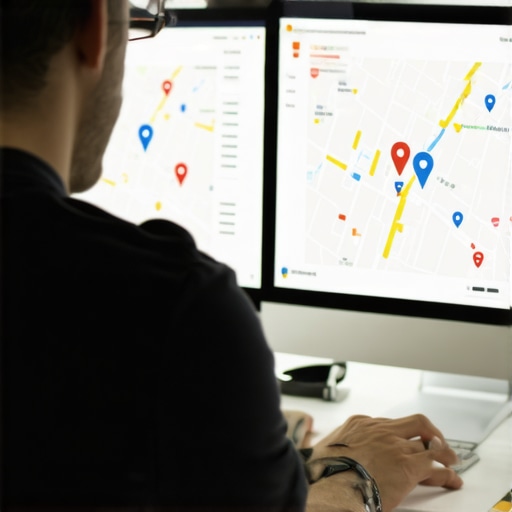 Business owner working on local map optimization on a laptop, with charts and maps on screen.