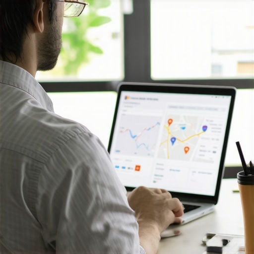 Business Owner Optimizing Google Maps Profile Business owner adjusting profile details on a laptop with visibility analytics
