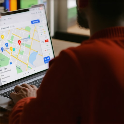 Business owner updating Google Map profile on laptop with graphs and maps