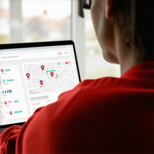Person analyzing local map metrics on laptop for business visibility