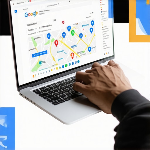 Person updating a Google business profile on a laptop with local search icons