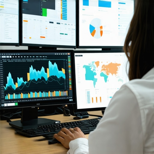 Illustration of a digital marketing team monitoring SEO metrics with maps and analytics dashboards.