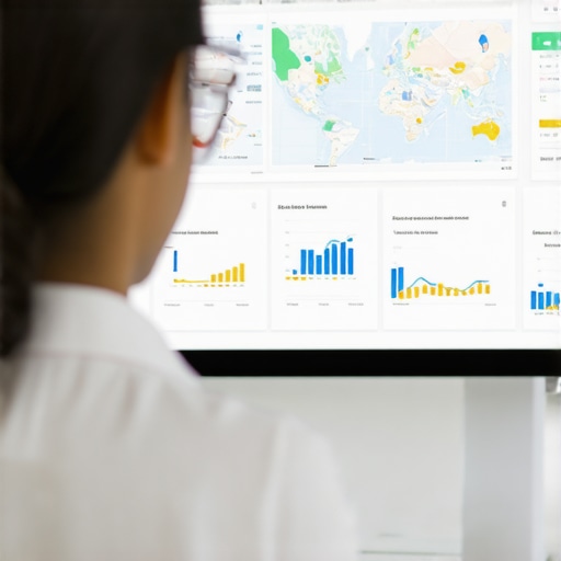 Person analyzing local map ranking data on a computer screen, with maps and analytics graphs.