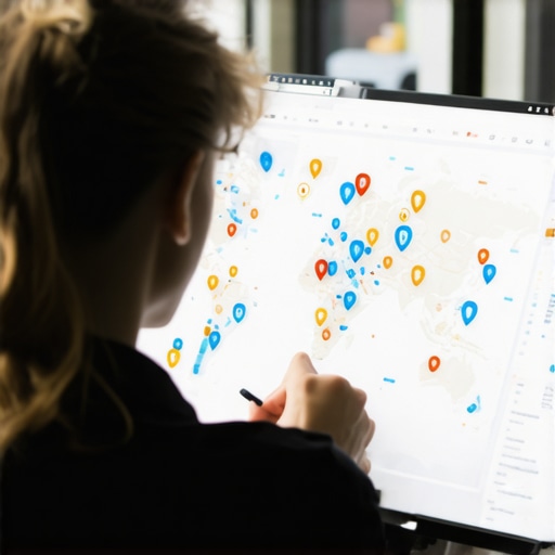 Digital Tools for Map Optimization Person using software and data analytics for Google Maps ranking maintenance.
