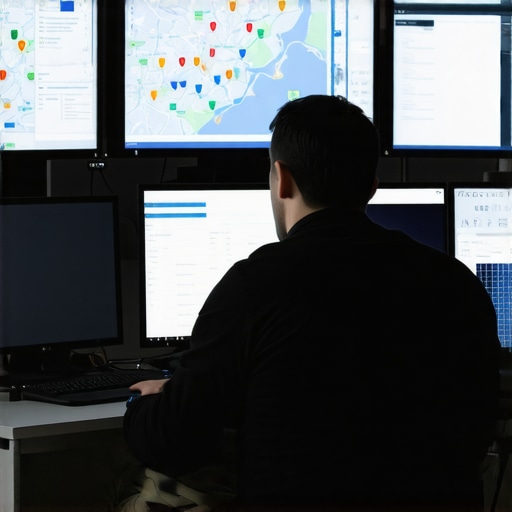 Local SEO Workspace with Analytics Tools A person analyzing local search rankings using SEO software on dual monitors.