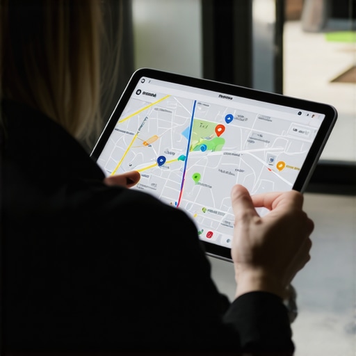 Optimizing Local Map Signals Business owner reviewing local map optimization metrics with digital signals in background.