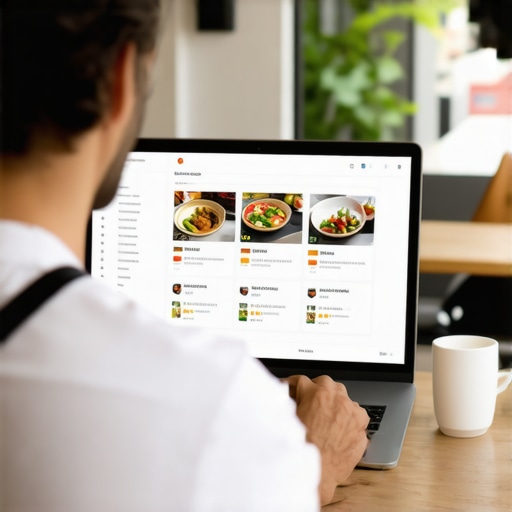 Restaurant owner managing Google My Business profile on a laptop