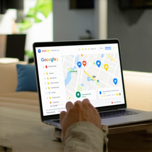 Business owner editing Google My Business listing on laptop surrounded by maps and review icons