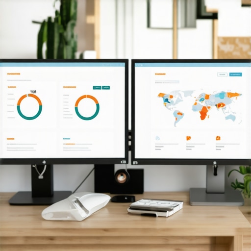 A professional's desk with monitors displaying local SEO dashboards, reviews, and maps analysis tools.