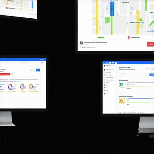Workspace with Local SEO Tools A professional desk setup with multiple screens displaying maps, analytics, and SEO tools used for local visibility management.
