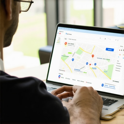 Business owner managing Google Maps profile on laptop showing engagement stats