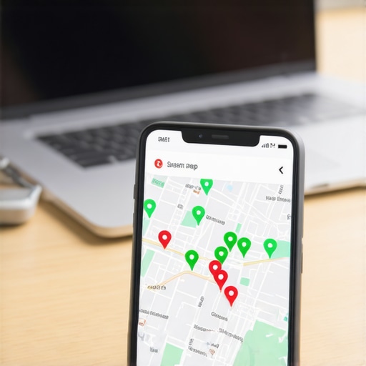 Smartphone displaying local map grid tracking analytics on an office desk