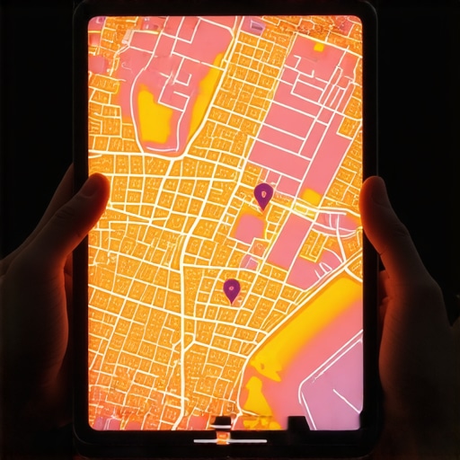 Advanced Local Ranking Heatmap Analysis A digital tablet displaying a heatmap of local search ranking performance for a business profile.