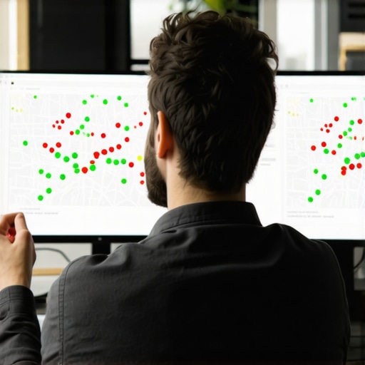 A specialist analyzing local map search rankings using a heat map grid tool to identify visibility gaps.