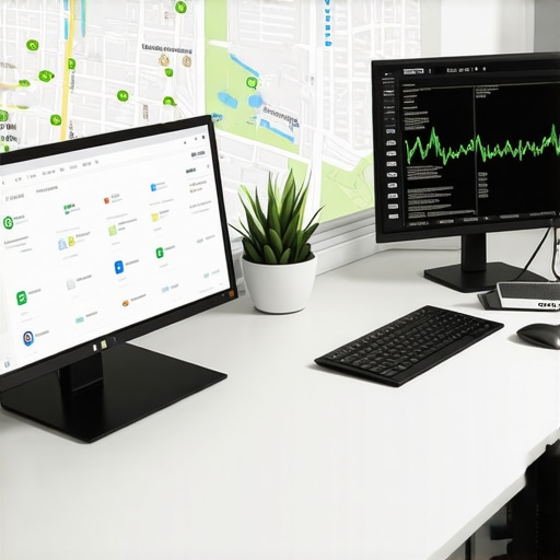 A professional workspace showing Google Maps grid tracking software and local SEO audit dashboards.