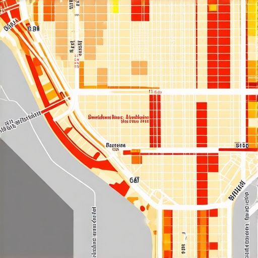 Advanced Local Visibility Heat Map Analysis A digital map showing local search visibility intensity across different neighborhoods for a professional business.