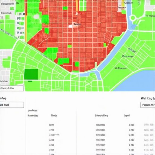 A visual heatmap showing local search visibility across different city neighborhoods