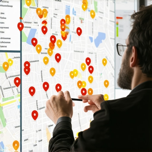 Advanced Map Ranking Heatmap Analysis A specialist analyzing local map visibility and proximity filters on a digital heatmap.