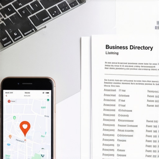 Business registration paperwork alongside a smartphone and laptop showing map listings to ensure naming consistency