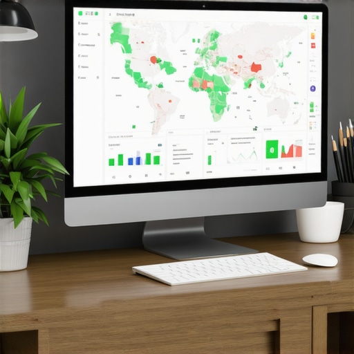 A desktop monitor displaying geographical local search analytical reports and engagement charts