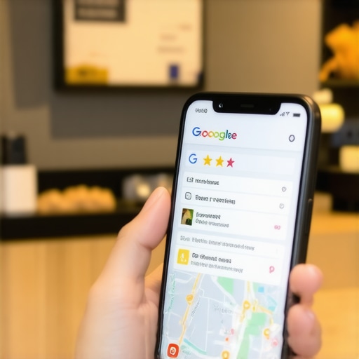 A customer posting a 5-star review on their own mobile device at a local shop.