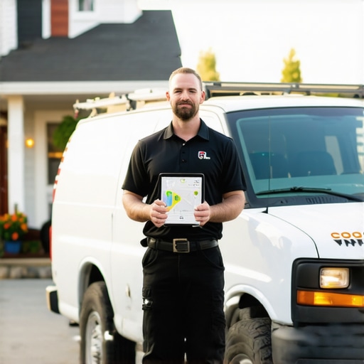 Local business owner using a branded van and tablet to verify their physical presence for Google Maps.