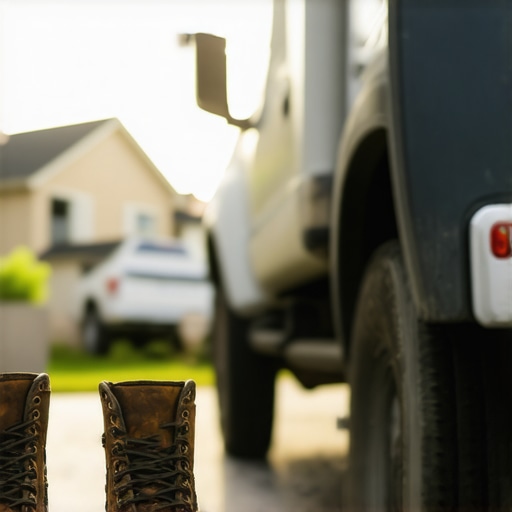 Muddy work boots next to a service truck in a residential area