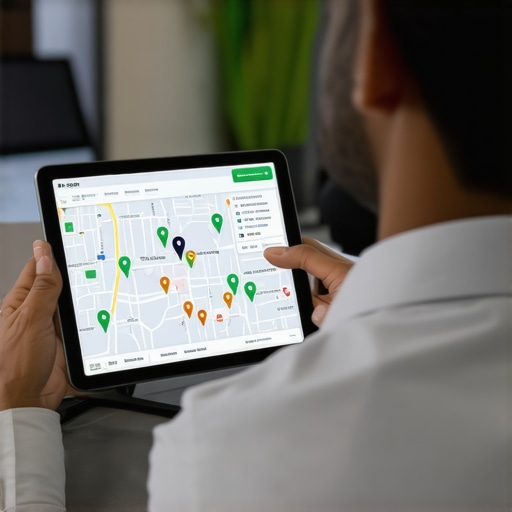 A professional using a tablet to conduct a competitive analysis of local map listings to improve search visibility.