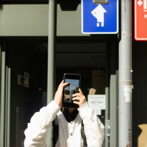 A smartphone taking a photo of a business storefront with a street sign and local landmark in the background.