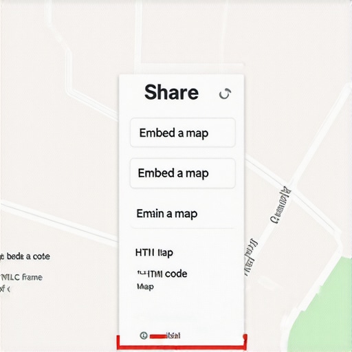 Screenshot of a laptop screen demonstrating how to find and copy the correct Google Maps embed code for a business profile.