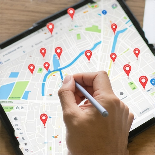 A hand using a stylus to analyze digital map data and map pins on a tablet screen.