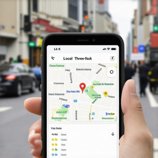 A smartphone displaying a business ranking high on Google Maps search results in a city.