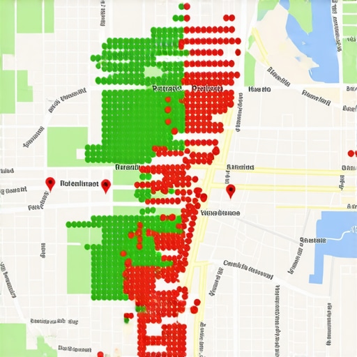 Local SEO geo-grid report showing Google Maps ranking positions across a neighborhood.