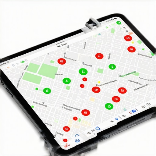 A tablet screen showing a local search heat map with rank tracking signals