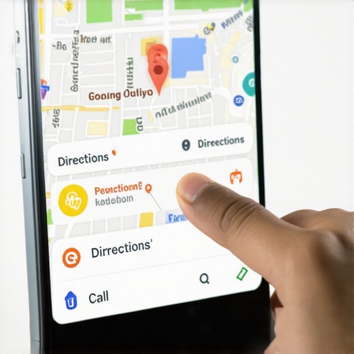 A smartphone showing a Google Maps profile with active user engagement icons for calls and directions.