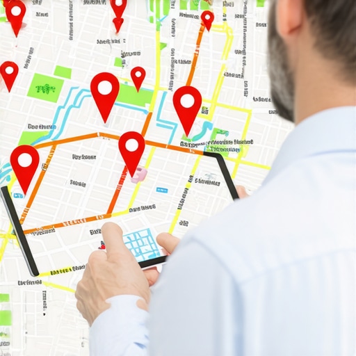 Business owner analyzing local map rankings and visibility radius on a tablet.