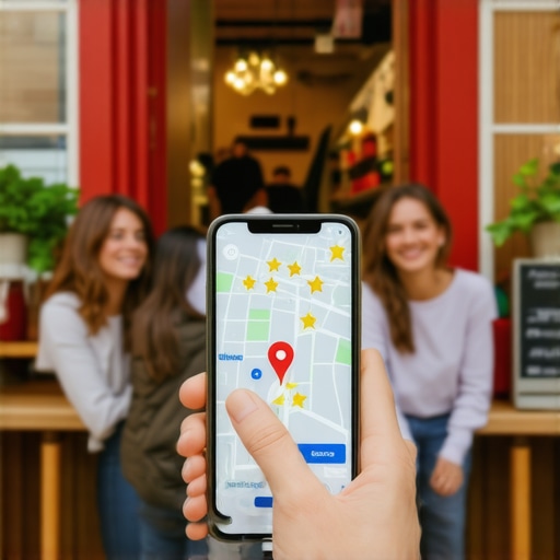 A person holding a smartphone with a Google Maps business profile in front of a busy local storefront.