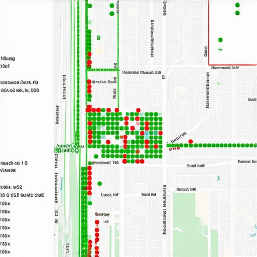 A digital map showing block-by-block ranking dots for a local business profile.