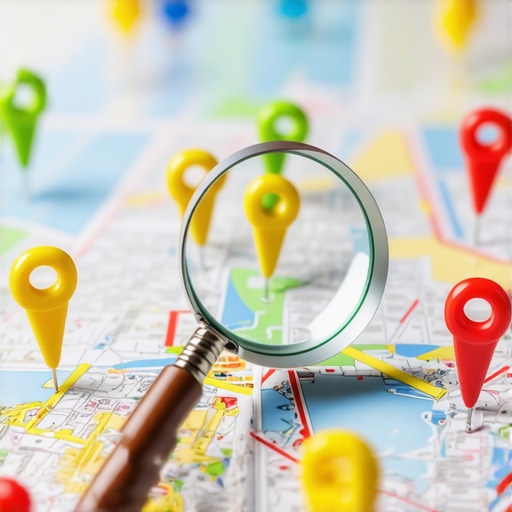 A magnifying glass examining business locations on a digital map to find data inconsistencies.