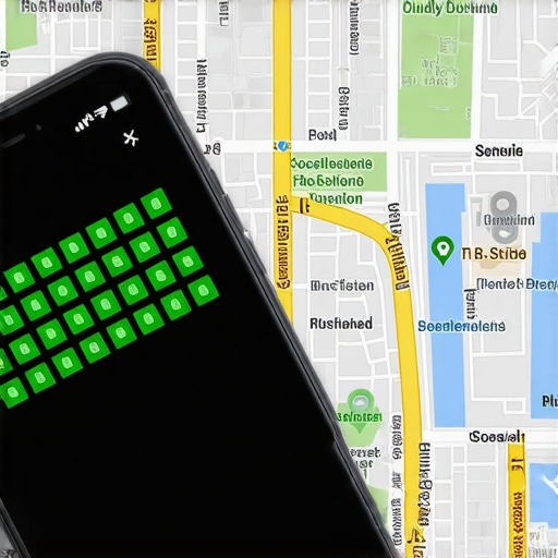 A smartphone screen visualizing local map search rankings across a neighborhood grid.