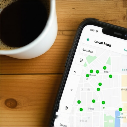 Smartphone displaying local map ranking grid tracker on a wooden desk