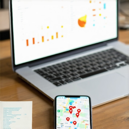 Smartphone displaying local map markers on a desk with analytics data