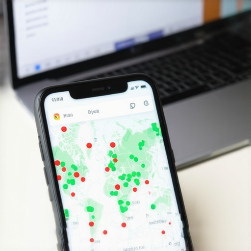 A smartphone screen displaying a local map ranking tracker on an office desk.