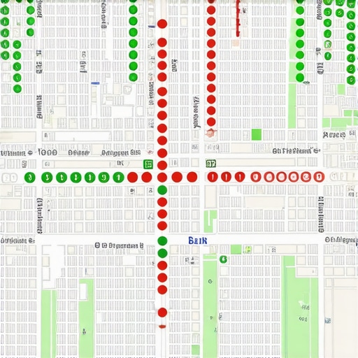 Visual representation of a local business ranking across different geographic points in a city.