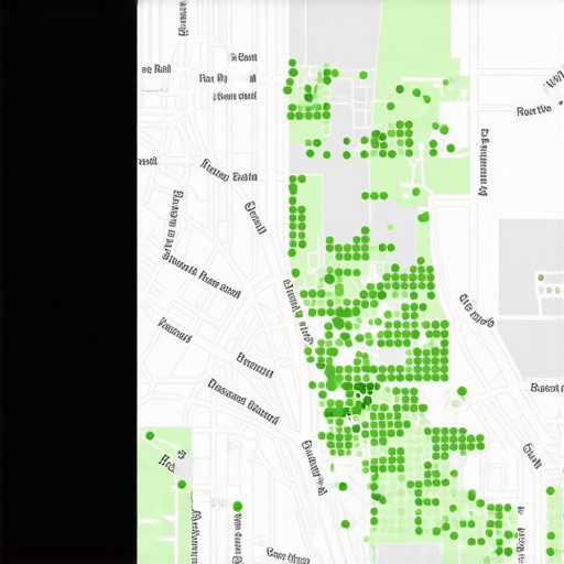 A grid-based heat map showing local search rankings for a business
